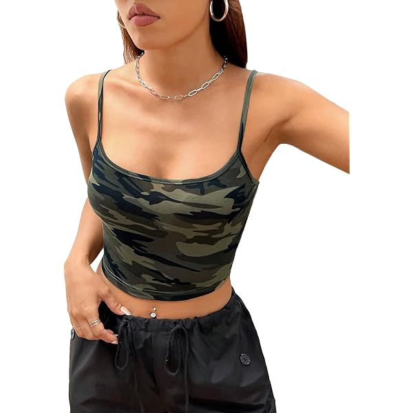 SOLY HUX Women's Camo Cropped Tank Top - Sleeveless Notched Neck Fitted Crop