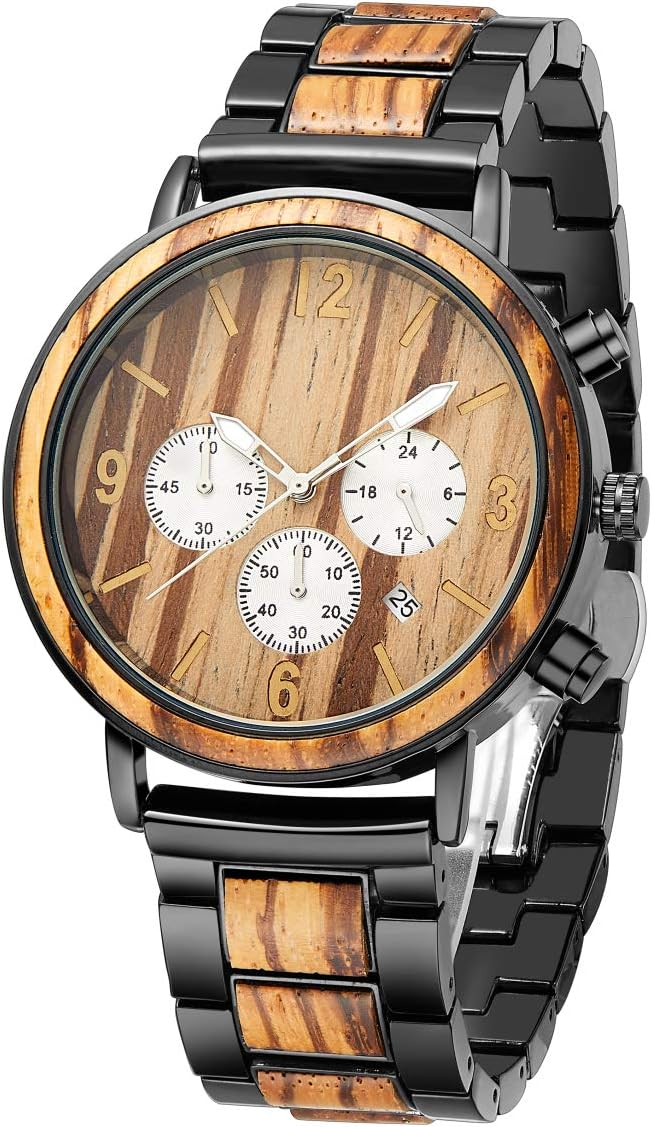 Engraved Wooden Watches Personalized Engraving Wood Watch Mens Natural Wood Watches Analog Quartz Handmade Casual Wrist Watch Sub Dial Date Display Chronograph Luminous Hands