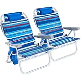 SUNNYFEEL Low Beach Chair 2 Pack, 5-Position Lay Flat Reclining, Backpack Portable Folding Chairs with Cooler Bag &amp; Cup Holder, Heavy Duty 350 LBS, Compact for Beach, Camping, Travel
