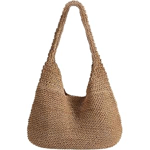 XquiziFit Beach Bags for Women Boho Straw Purse Summer Woven Shoulder Bag Handbag Crochet Mesh Tote Bag Vacation Purse