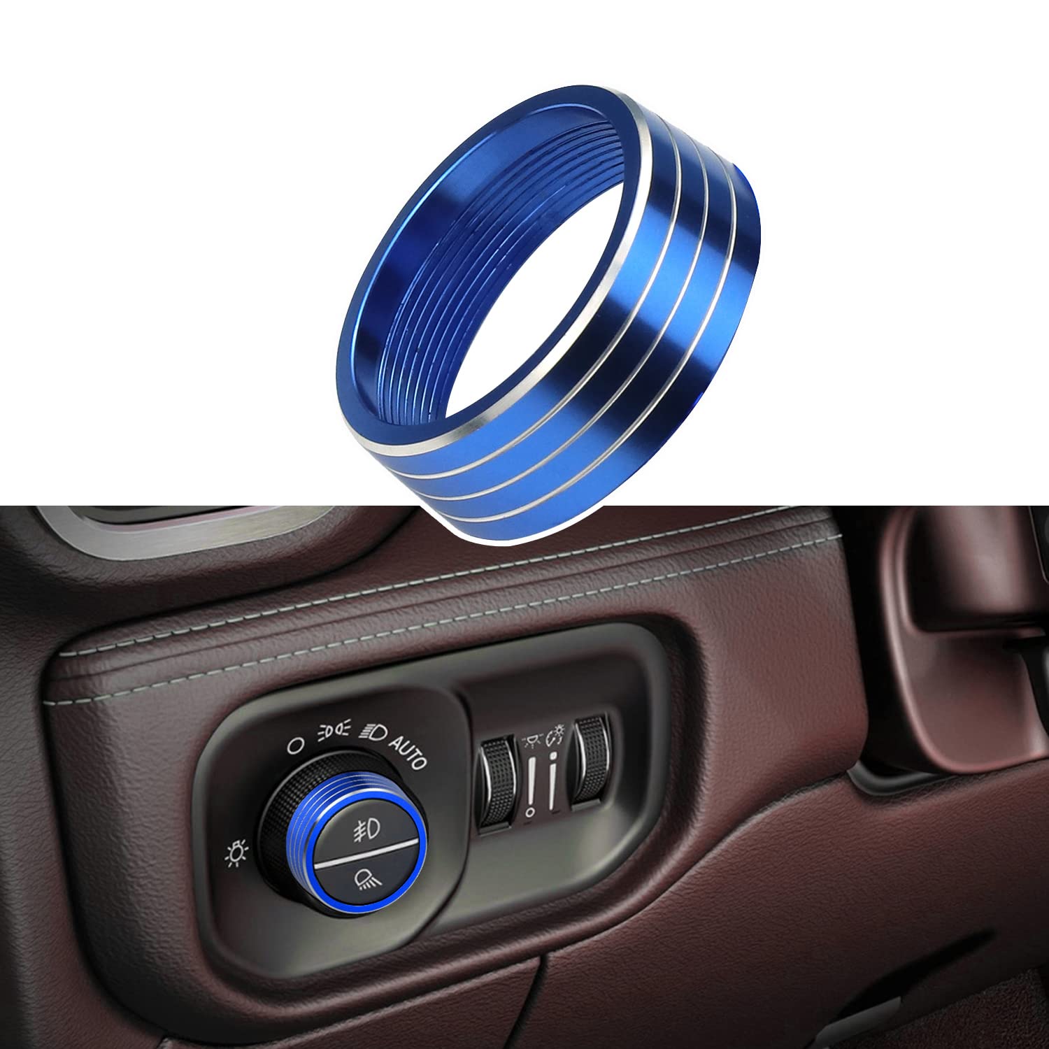 Photo 1 of 1× Blue Headlights Switch Button Knob Cover for Dodge RAM 2018-2025 Aluminum Alloy Ring Trim Decoration Accessories