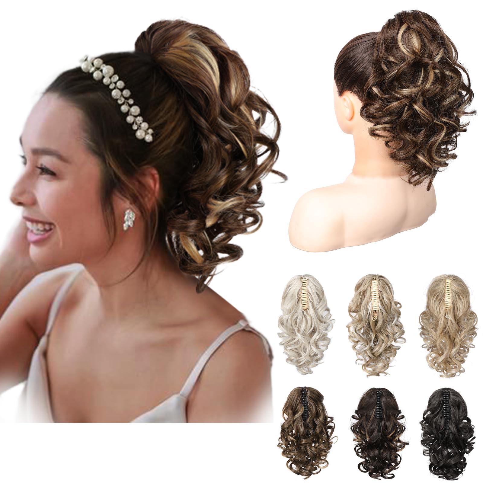 Photo 1 of REECHO 12" Ponytail Extension, Classic Loose Curly Wavy Claw Clip Pony tails Hair Extensions Hairpieces for Women - Chestnut Brown with Highlights