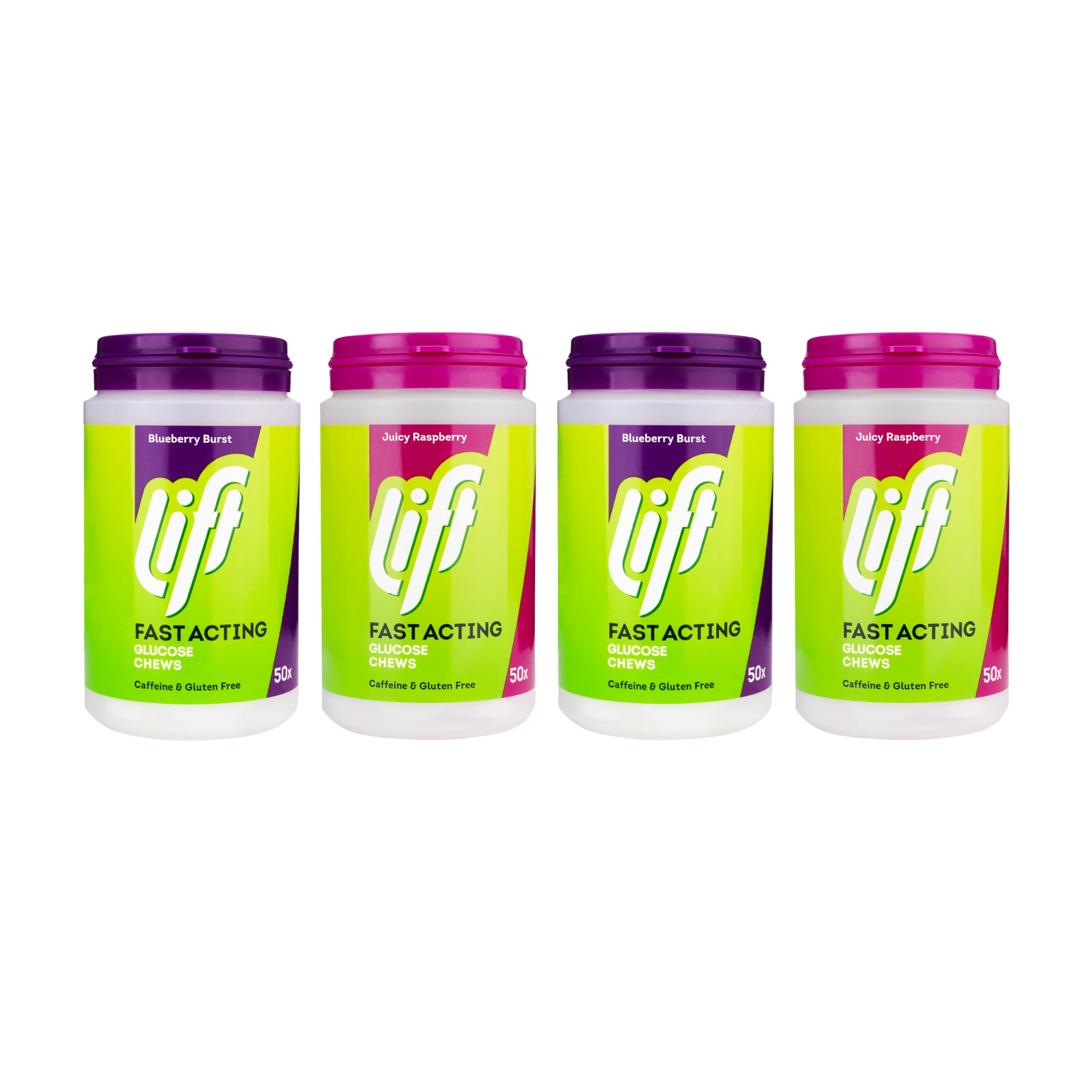 Lift Fast-Acting Glucose Chewable Energy Tablets, Mixed Raspberry and Blueberry, 4 Pack of 50-Tablet Tubs