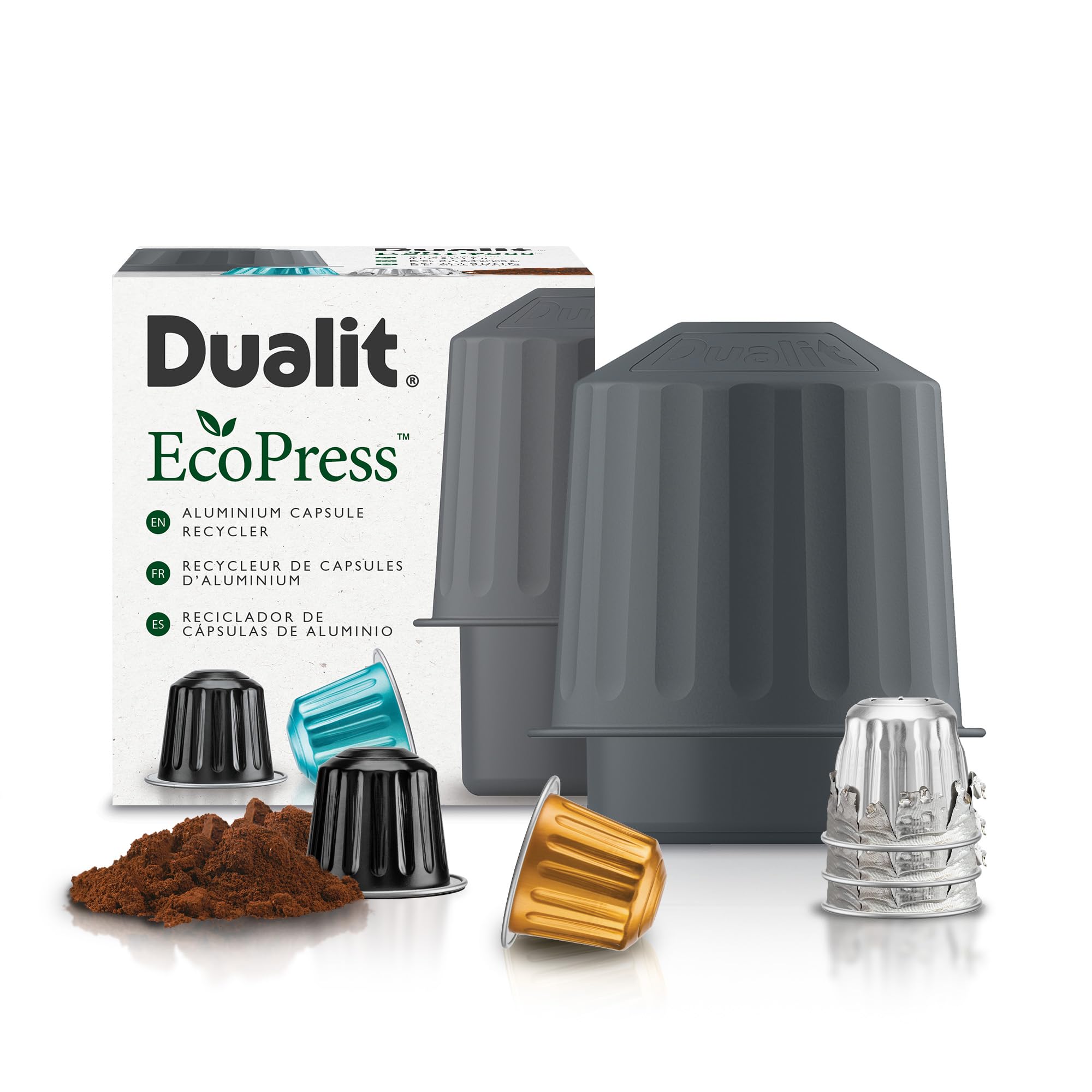 Dualit EcoPress Aluminium Coffee Capsule Recycling Tool Nespresso Compatible Recycler - Premium Eco Friendly Tool Nespresso Capsules & Coffee Grounds.