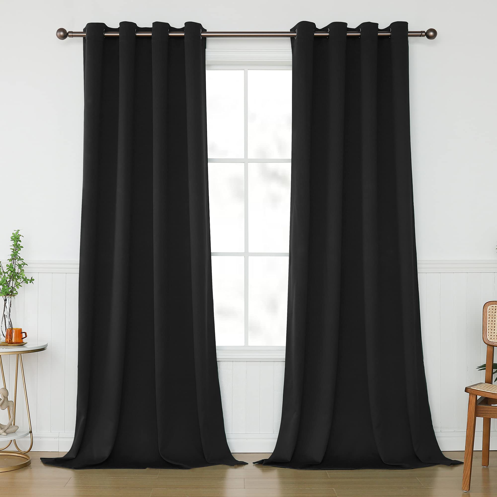 KEQIAOSUOCAI Blackout Black Curtains 95 Inches Long for Bedroom Living Room - Grommet Thermal Insulated Light Blocking Drapes, 2 Panels, Black, 52 x 95
