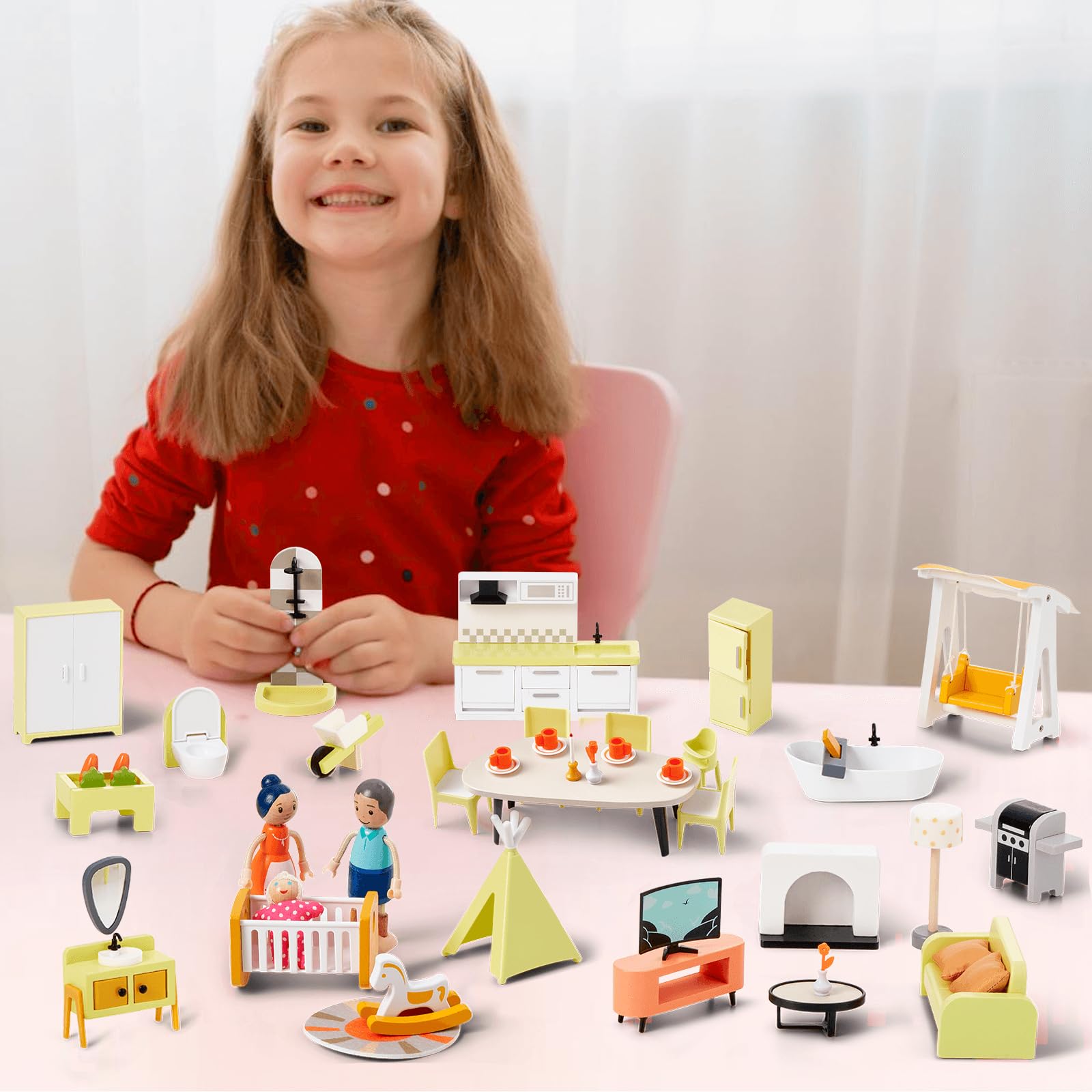 Giant bean 85pcs Wooden Plastic Dollhouse Furniture Set for 6 Rooms, Modern Dollhouse Accessories Pretend Play Furniture Toys for Boys Girls Toddlers & Kids 3 4 5 6 7 Years and up