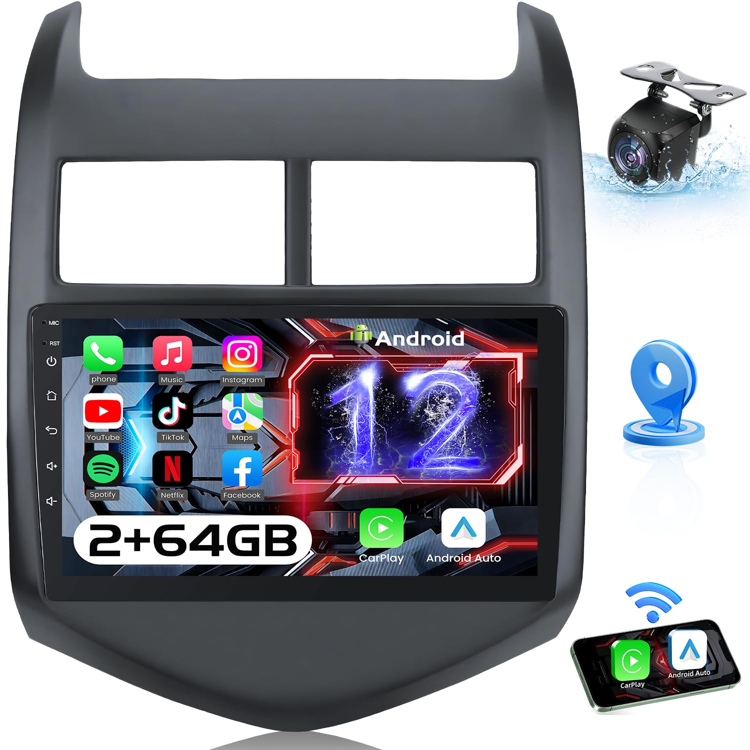2+64G 5G WiFi Car Radio Stereo for Chevy Aveo Sonic 2012-2016: 9 Inches 1280x800 IPS Touch Screen Wireless Carplay Android Auto GPS Navigation Backup Camere Bluetooth SWC FM RDS DSP