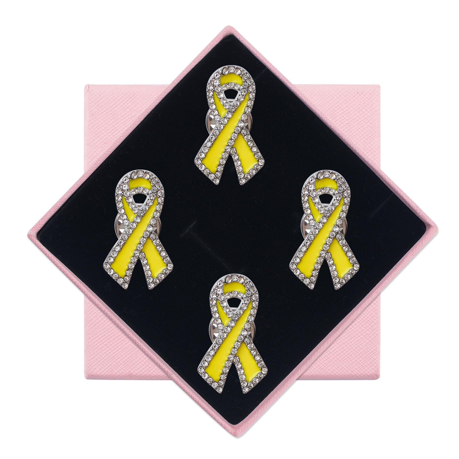 WANDIC 4Pcs Yellow Ribbon Pins, Rhinestones Bone Cancer Awareness Brooches with Gift Box Bladder Cancer Childhood Cancer Awareness Badges for Charity