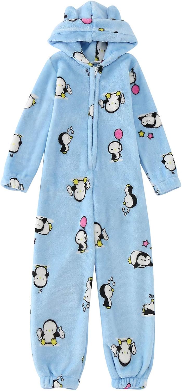 Kinder Jumpsuit Schlafanzug mit Kapuze, Fleece Hausanzug