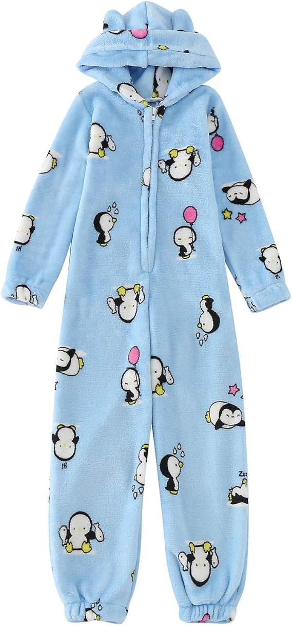 Kinder Jumpsuit Schlafanzug mit Kapuze, Fleece Hausanzug
