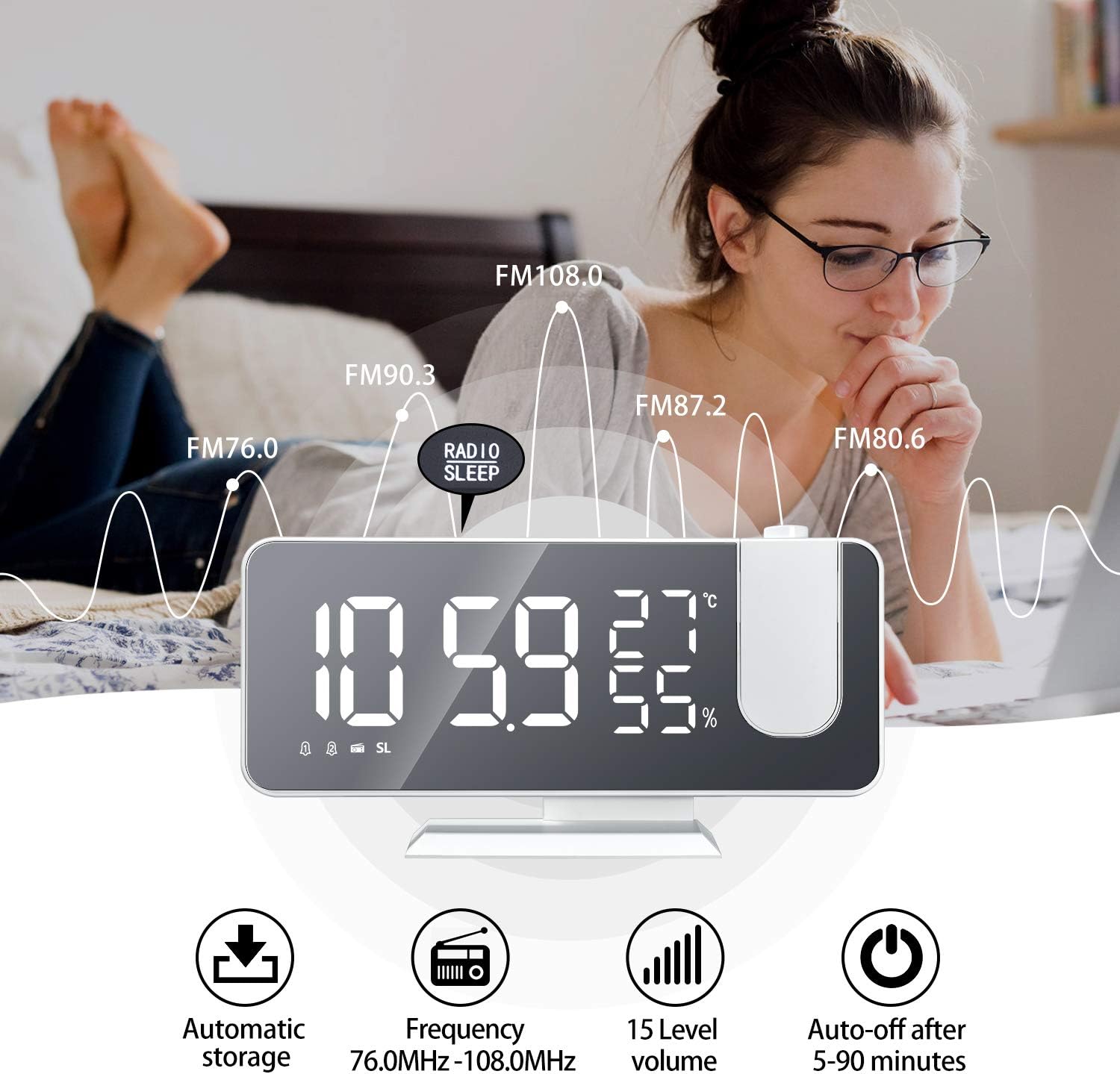 EVILTO Projection Alarm Clock With Dual Alarm7.3'' Large Mirror Radio Digital Clock 180°Projector on Ceiling 4 Dimmer Adjustable Volume Electronic Clock for Bedroom -White - Image 4