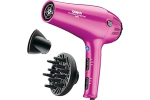 Conair Hair Dryer with Retractable Cord, 1875W Blow Dryer, 3 Heat Settings, 2 Speeds, Blow Dryer with Diffuser and Concentrator Attachments, Ionic + Tourmaline Technology, Pink