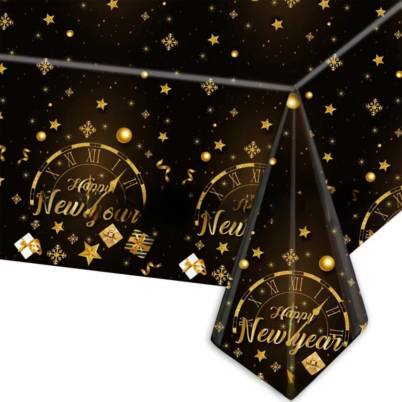COSORO 137 * 274cm Happy New Year Eve Tablecloth Plastic Table Cover,New Year Table Cloth Rectangle Black Gold Happy New Year Eve Party Tablecloths for 2026 New Year Party Supplies Table Decorations