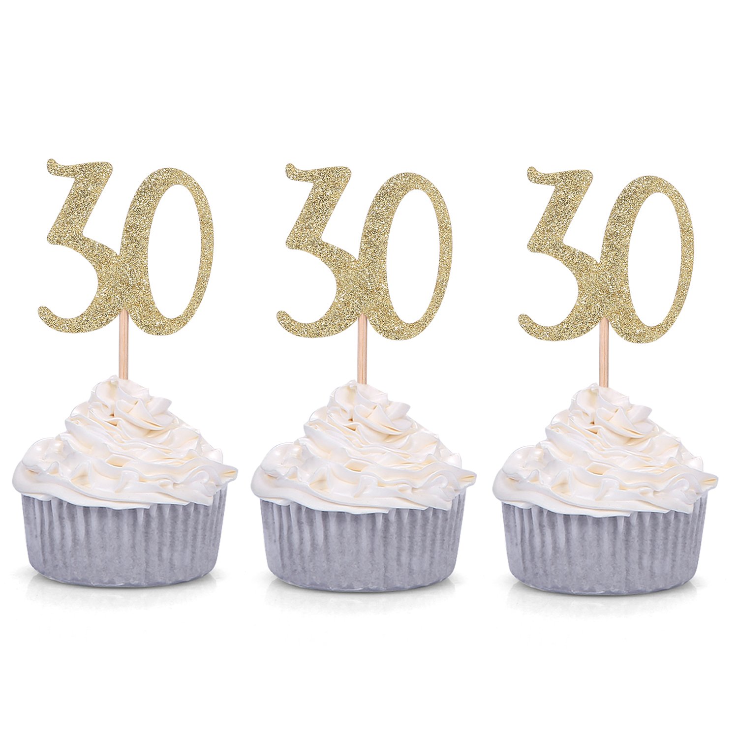 24 Pack Number 30 Gold Glitter 30th Birthday Cupcake Toppers