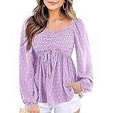 Imysty Women's V Neck Smocked Peplum Tops Balloon Long Sleeve Blouses Shirt Purple