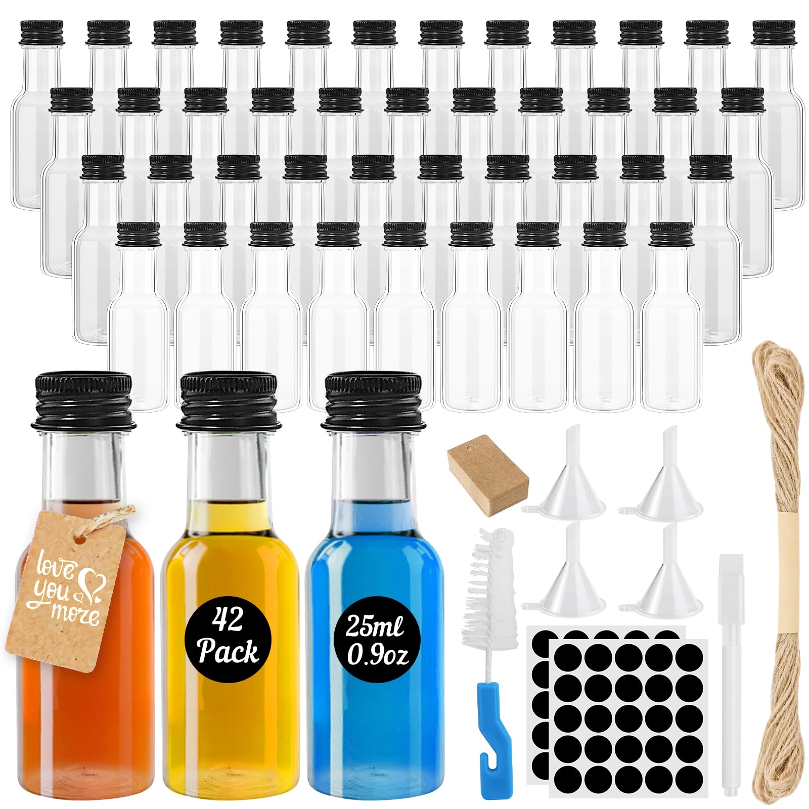 Furuising 42 Pack Mini Liquor Bottles, 25ml/0.8oz Mini Alcohol Bottles, Reusable Miniature Alcohol Bottles with Screw Caps, Pen, Hangtag, Funnel for Weddings Parties Favors