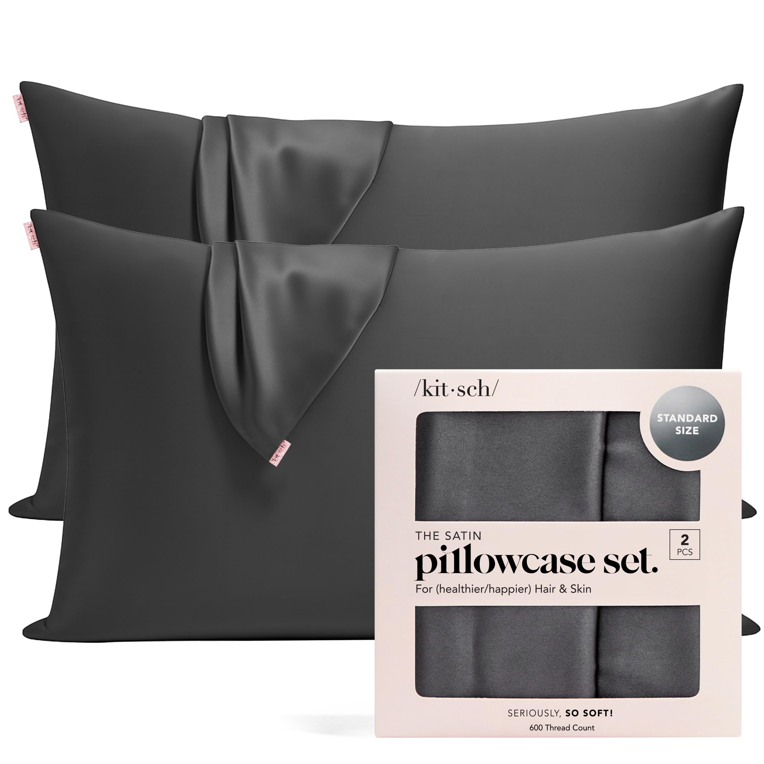 Kitsch Satin Pillowcase with Zipper for Hair & Skin - Softer Than Silk Pillow Cases, Smooth Cooling Satin Pillow Case, Wrinkle-Free, Machine Washable, Pillow Cases Standard Size 19x26 - Charcoal, 2pc Image