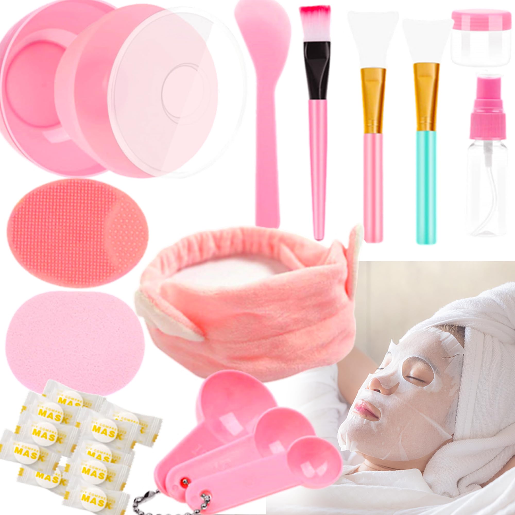 XUBX 10 in 1 Mixing Bowl Set, Silicone Mask Brush, DIY Face Mask Tools, Bowl, Spatula, Brush, Measuring Spoons, Spray Bottle, Little Pot, Puff, Headbands