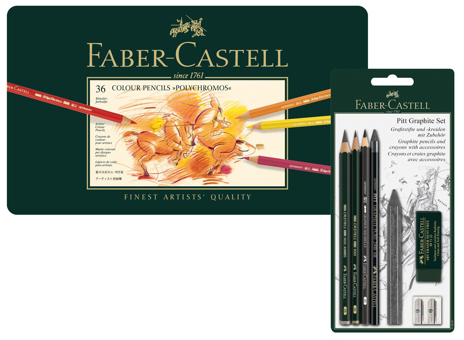 Faber-Castell Polychromos 110095 Colouring Pencils in Metal Case and Pitt Graphite Set of 36