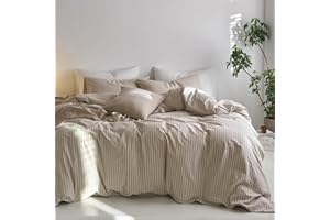 Nayoroom Brown Striped Duvet Cover King Size 100% Washed Cotton White Pinstripe Duvet Cover 3 Pieces Soft Breathable Girls Dorm Bedding Set for Hot Sleepers, Yarn Dyed Process