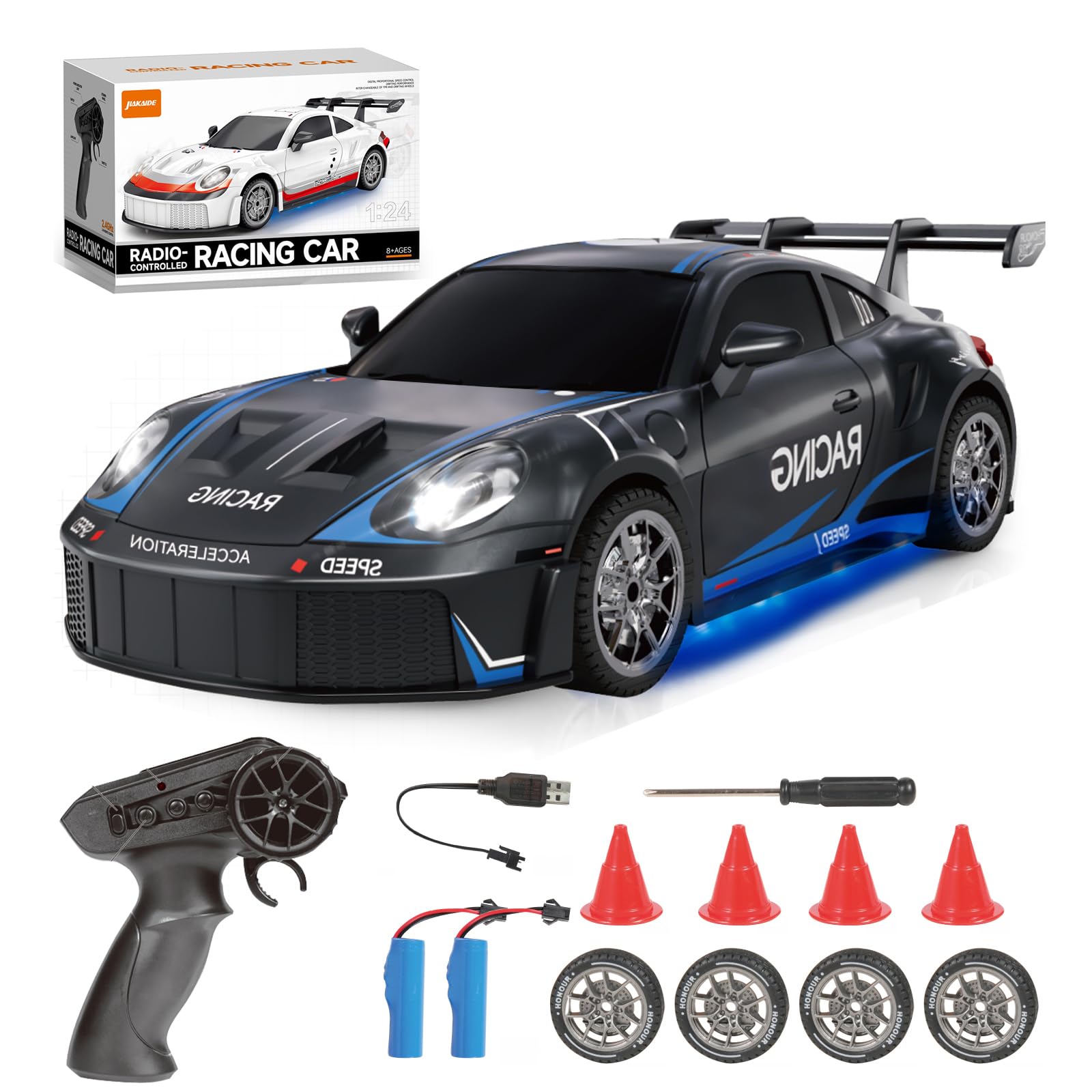 Aipinvip 1:24 RC Drift Car 4WD 20KM/H High Speed Remote Control Racing Cars with Two Rechargeable Batteries, LED Lights, Replaceable tires, Toy Gifts for Boys Girls Adults