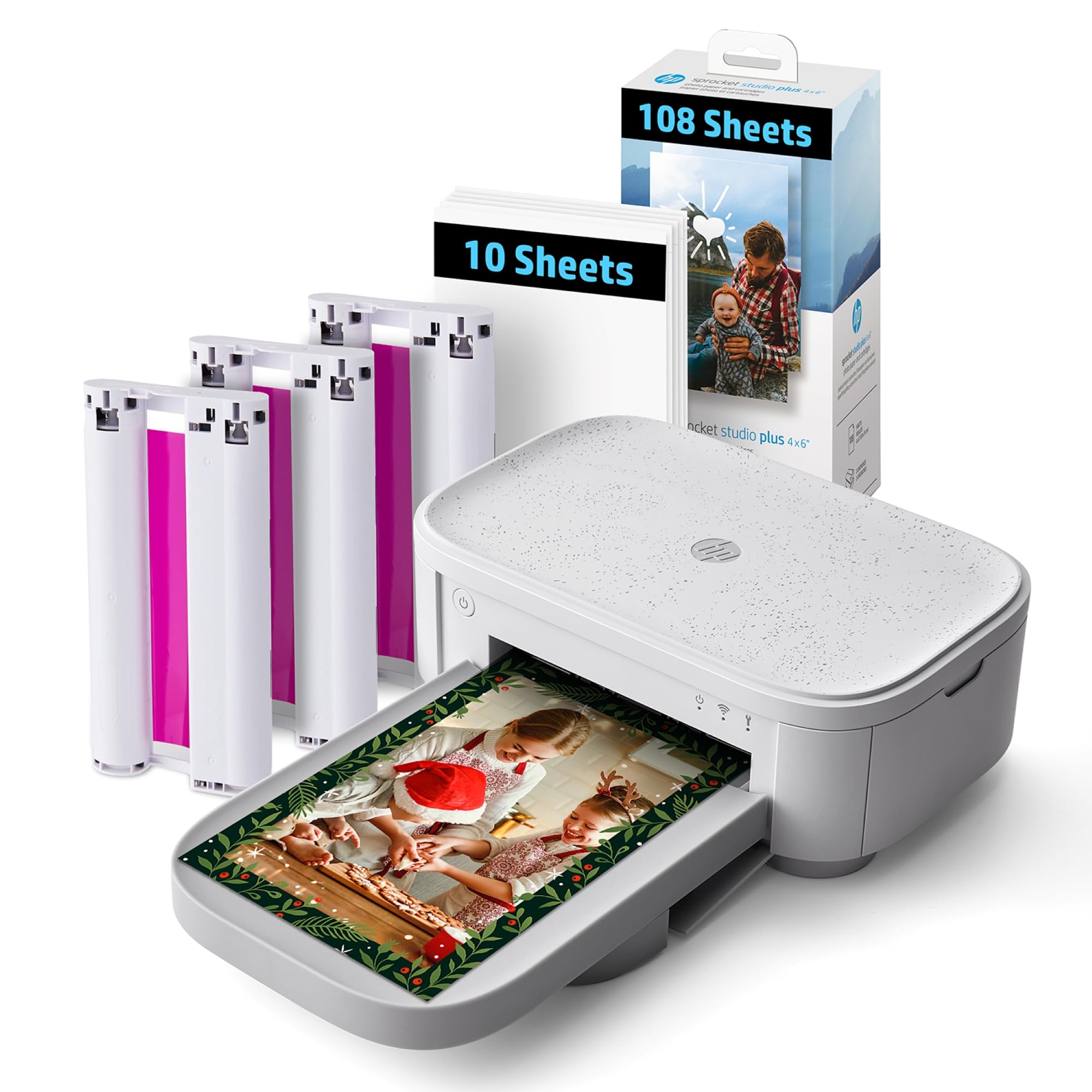 HP Sprocket Studio Plus 4x6 Wireless Instant Photo Printer, 118 Sheets + 3 Cartridges, Wi-Fi, Premium Dye Sublimation, Compact Home Use, Prints Vibrant Color Pictures, Editing App for Fun Photos