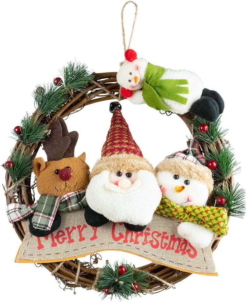 LSKYTOP 12 Inch Merry Christmas Wreath Decor Snowman Grapevine Wreath Front Door Wreaths for Christmas Home Door Hanger Wall Decoration