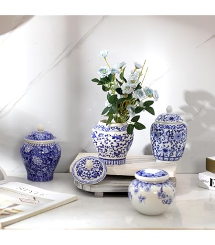 Amazon.com: 藍白瓷花陶瓷蓋罐花瓶,中國明風,景德鎮中國(藍花) : 居家