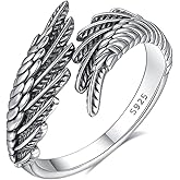 LYMYF 925 Sterling Silver Ring, Angel Wings Ring Vintage Feather Adjustable Rings for Women Dainty Wrap Open Rings Spiritual Jewelry Gfit