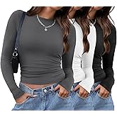 XIEERDUO Women's Long Sleeve Crew Neck Slim Fit T Shirts 2024 Y2k Clothes Basic Going Out Tops 3 Pack/2 Pack