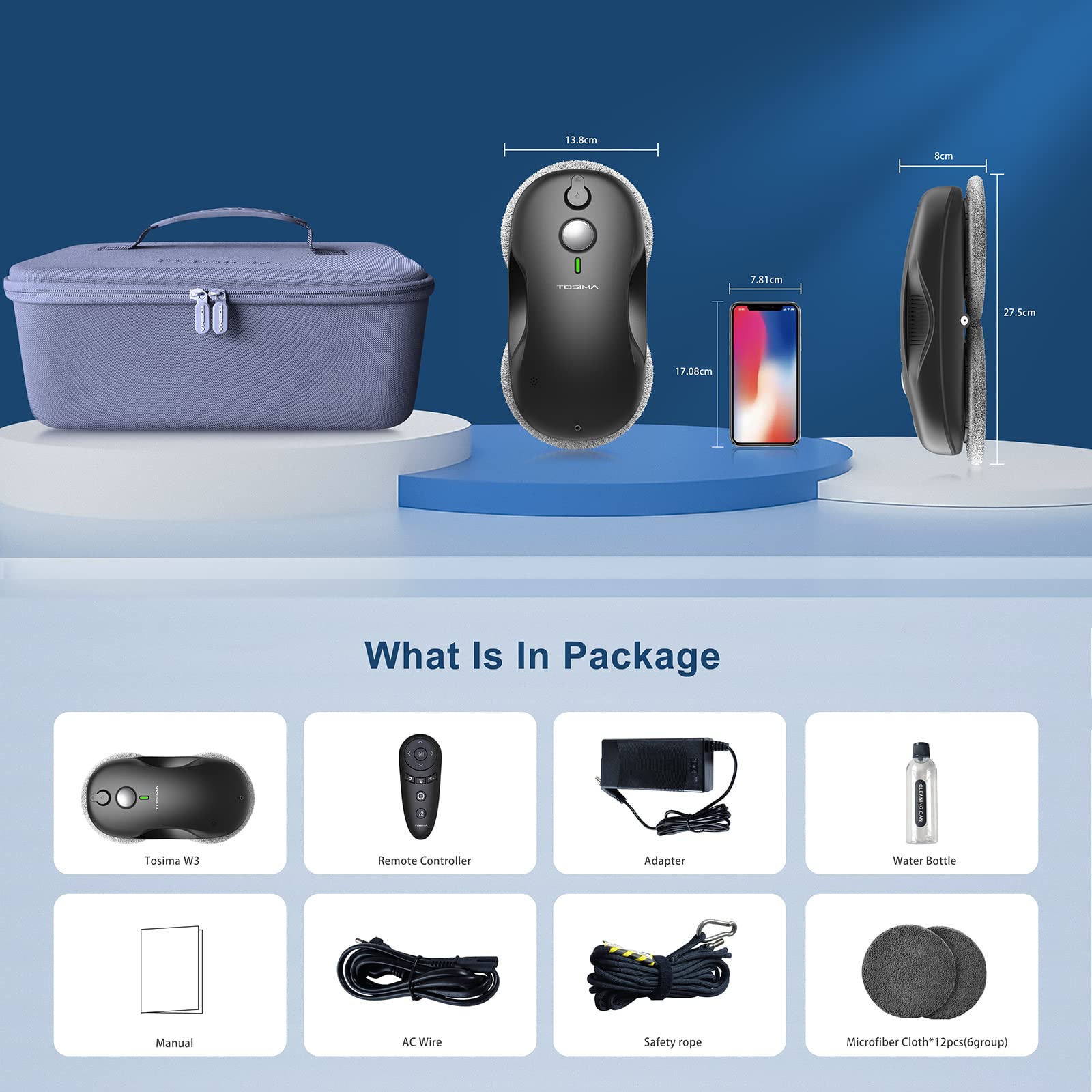 Tosima W3 Robot limpiacristales - Limpiacristales inteligente con pulverización automática de doble dirección con triple sistema de seguridad, navegación inteligente, control remoto, para todas las superficies lisas, con 12 trapos, negro