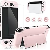 GLDRAM Pink Case for Nintendo Switch OLED Model 2021 with Screen Protector and 4 PCS Thumb Caps, Protective Hard Cover for Switch OLED Console & JoyCon - Ultra-Slim & Flip Shell