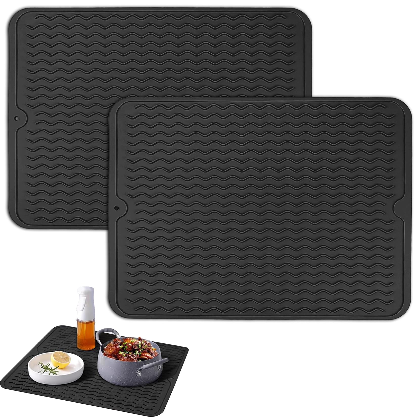 zrfgbxim 2 Pcs Silicone Dish Drying Mats, Silicone Draining Mats for Kitchen Counter Draining Board Mats, Heat Resistant Mat, Dish Drainer Mat, Non-Slip Sink Protector Mat/Placemat/Table Mat（Black）