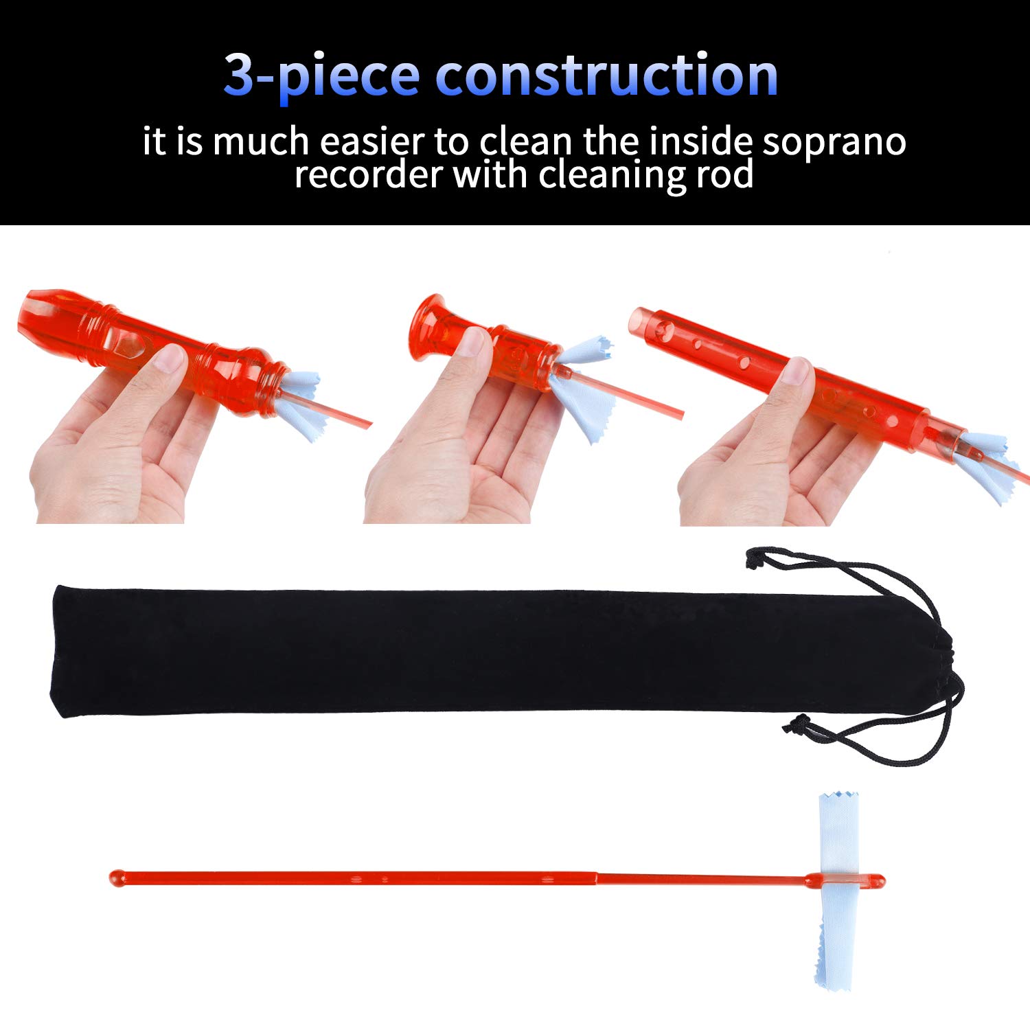 Lot-Yes 8-Hole Soprano Descant Recorder with Cleaning Rod + Case Bag Music Instrument (Crystal Red)