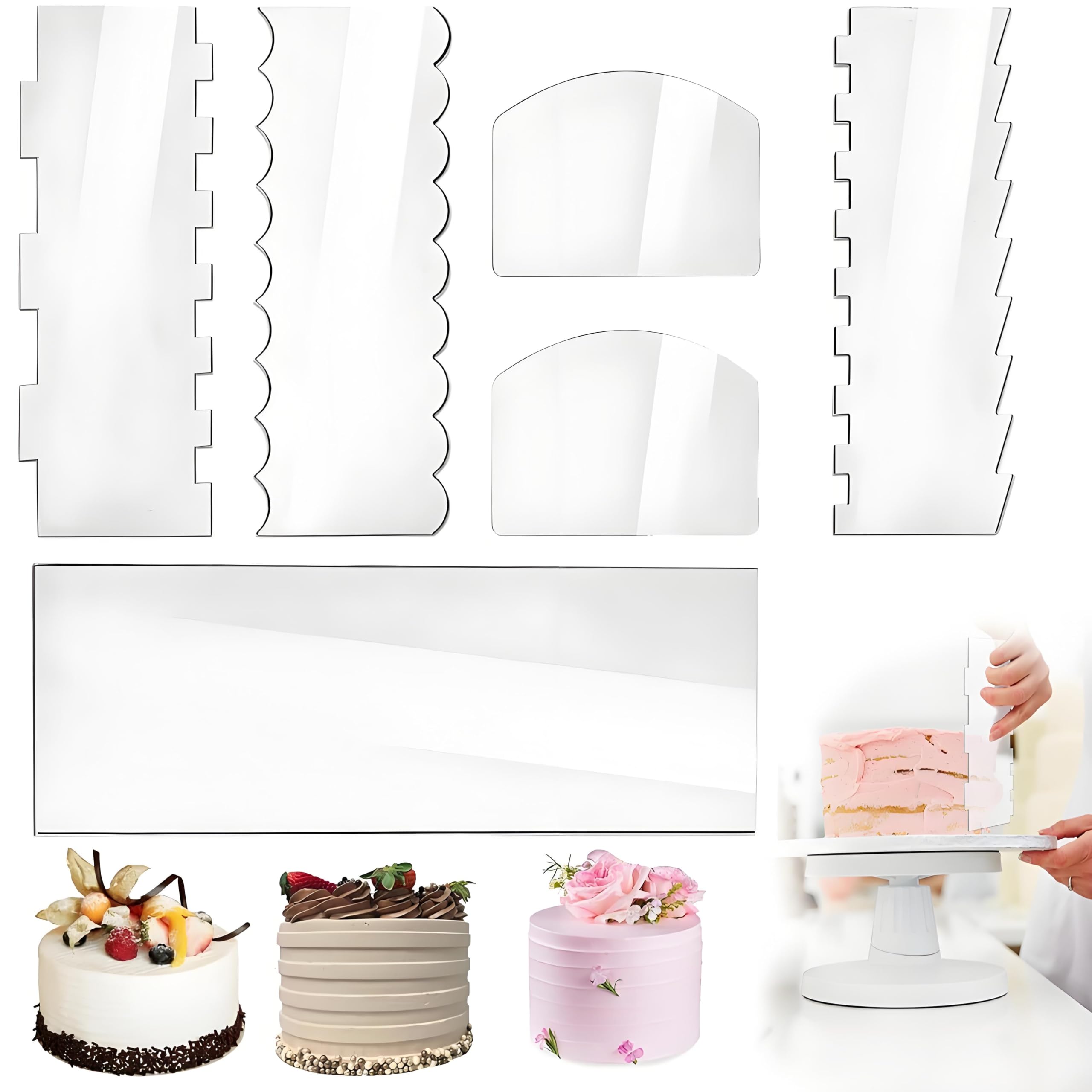 Esshogo Pack of 6 Cake Scraper Acrylic Cake Spatula Clear Cake Cream Spatula Set for Buttercream Kitchen Baking DIY Tool Clear Cake Spatula with Striped Edge for Cake Buttercream