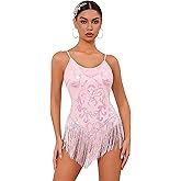 ODIZLI Women Sparkle Sequins Fringe Tassel Leotard One Piece Bodysuit Latin Dance