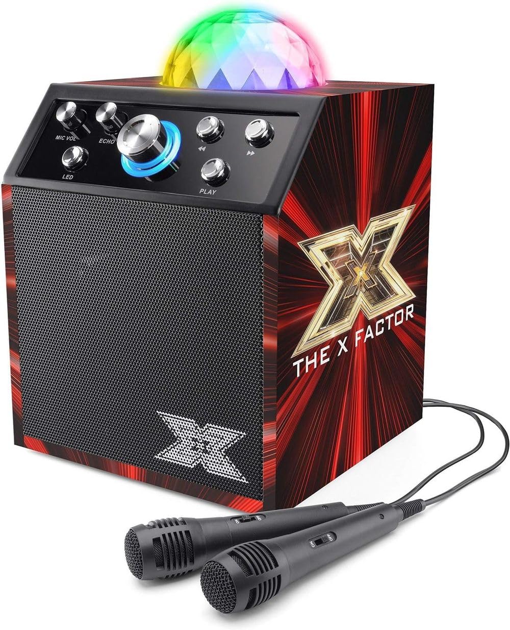 Toyrific | X Factor Karaoke Machine Set, Portable Speaker with LED Disco Lights, Bluetooth, 2 Microphones for Kids and Adults
