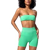ABOCIW Womens Workout Sets Twist Back Bandeau Sports Bra Seamless Scrunch Butt Lifting Gym Shorts 2 Piece Outfits