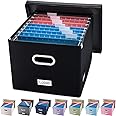 PRANDOM File Organizer Box - Set of 1 Collapsible Decorative Linen Filing Storage Hanging File Folders with Lids Office Cabinet Letter/Legal Size Black (17x14x11.2 inch)