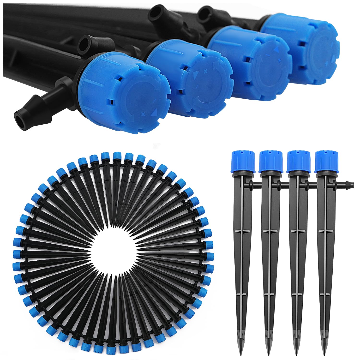 VooGenzek 50 PCS 360 Degree Adjustable Irrigation Dripper Sprinkler, Micro 8-Hole Stake Emitter Dripper with Barbed Connector for 4/7 mm Garden Hose Irrigation System, Water Flow Stake Emitter, Blue