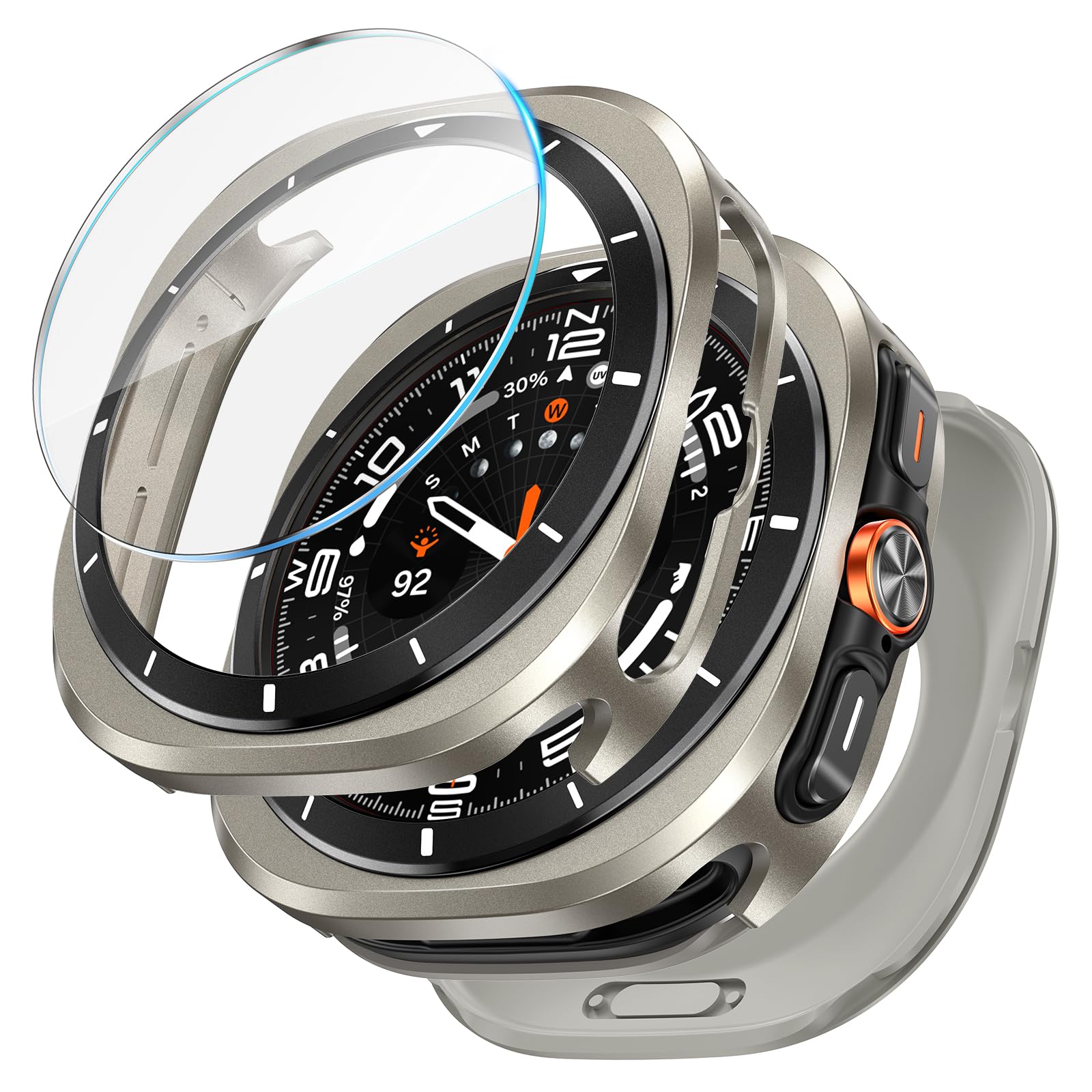 LETOID 3 in 1 Metal Case for Samsung Galaxy Watch Ultra/Ultra 2 Screen Protector 47mm, Stainless Steel Protective Bumper Face, Hard PC Back Cover and 9H Tempered Glass Film for 7 Ultra & 8 Ultra