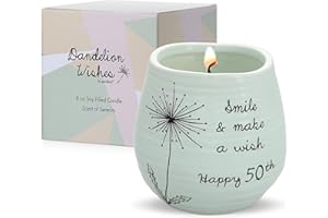 Pavilion Gift Company - 8 Oz Candle Holder - Green Ceramic Candle Jar with 100% Soy Wax Candle Serenity Scent "Smile And Make A Wish, Happy 50th" Ideal Gift for Loved Ones - Printed Text, Love Theme