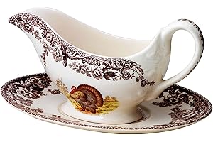 Spode Woodland Turkey Sauce Boat with Stand - 11 oz Fine Porcelain Gravy Server with Holiday Turkey Design, Dishwasher, Microwave & Warm Oven Safe - Classic Thanksgiving Tableware