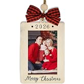 2026 Christmas Photo Frame Ornament, Wooden Hanging Picture Frame | Buffalo Plaid Bow, Merry Christmas Keepsake for Christmas Tree, Family Photos, Holiday Gifts and Home Decor