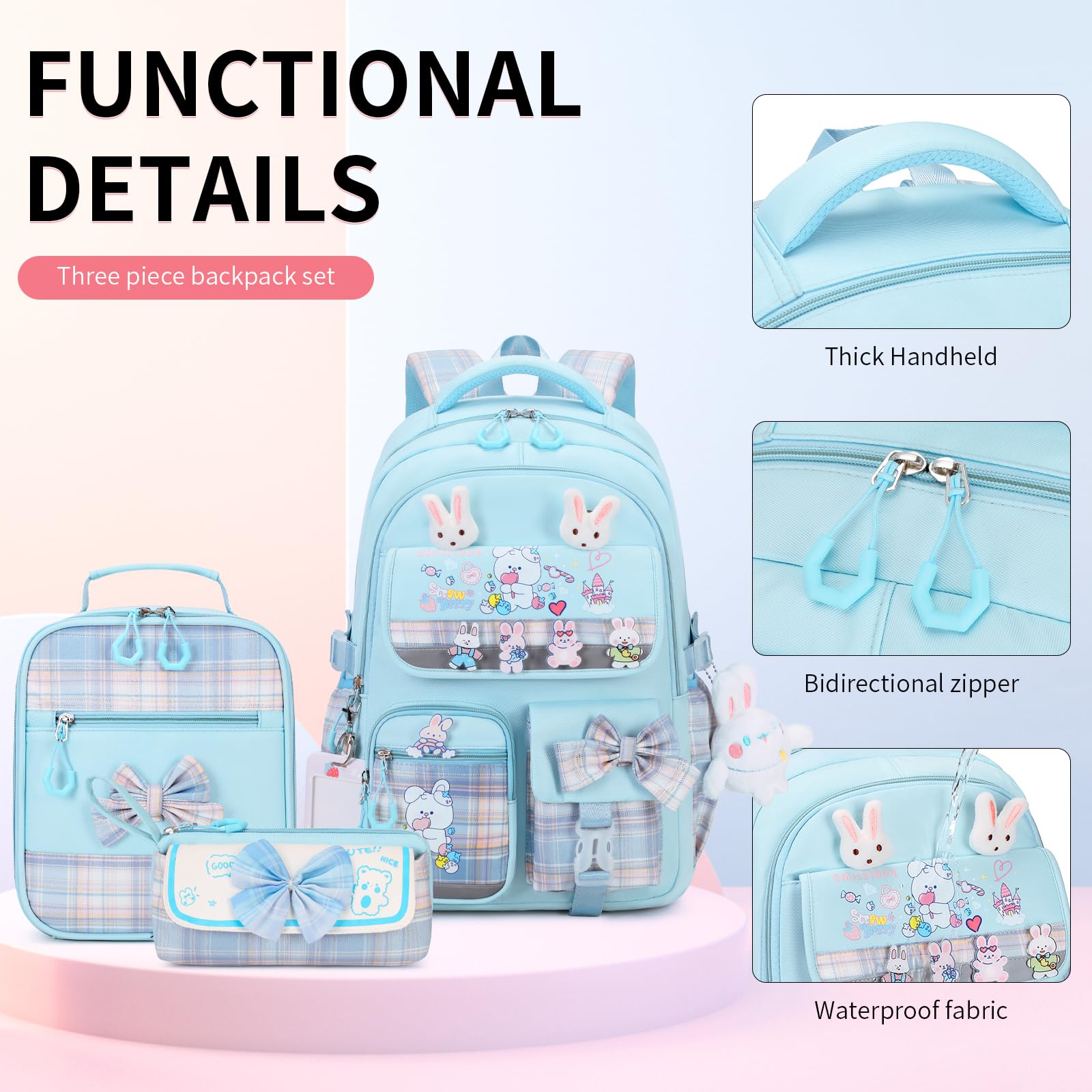 CYOQX Girls Backpack 3pcs School Backpack with Lunch Box Teen Girl Backpack Set Cute Kids School Bag Bookbag for Teen Girls
