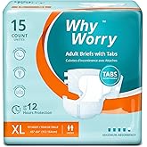 WhyWorry Adult Diapers with Tabs, Disposable Incontinence Briefs for Women & Men with Maximum Absorbency, Adult Briefs for Incontinence Overnight, Odor Control, Unisex, XLarge, 15 Count