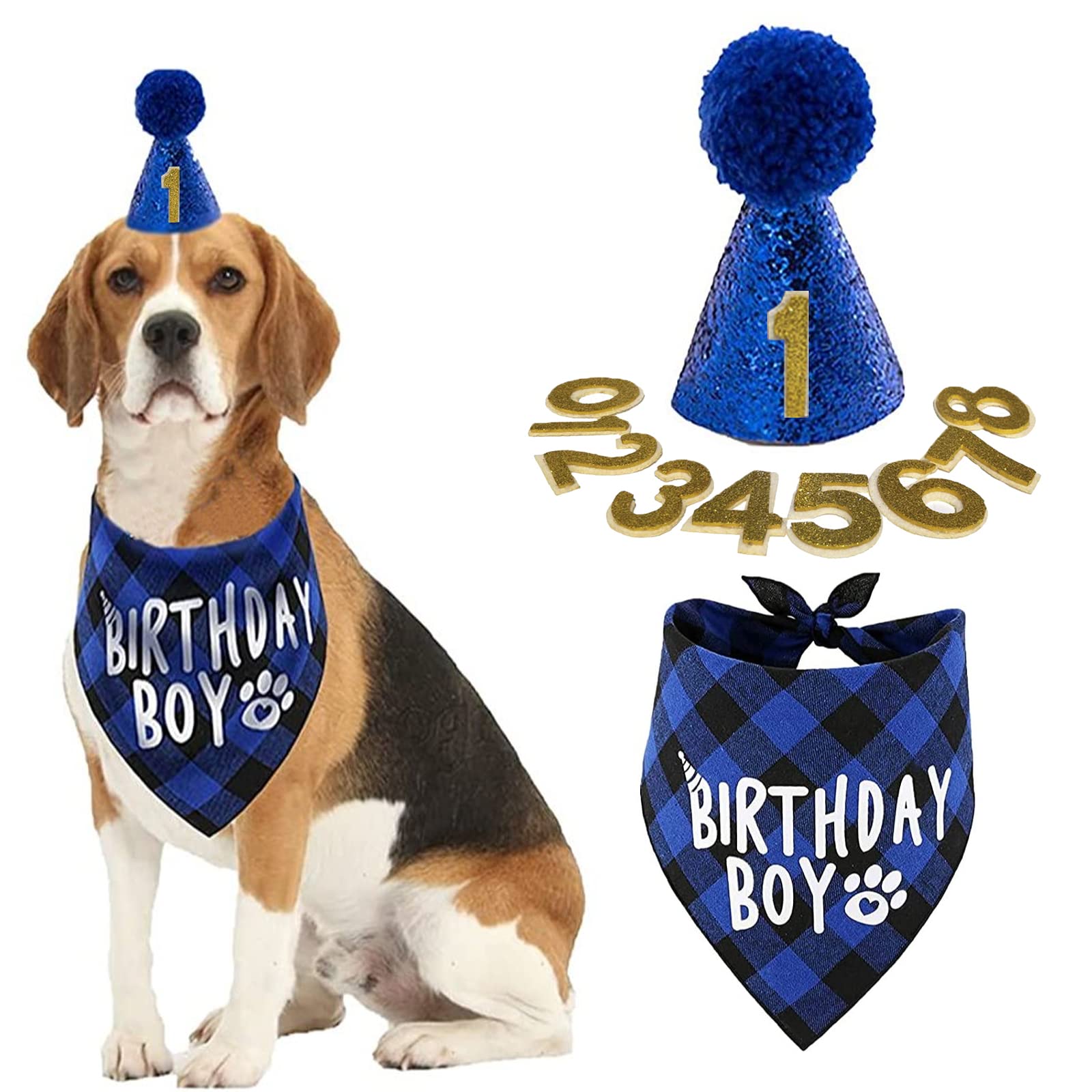 Dog Birthday Party Supplies- Reusable Dog Birthday Hat and Bandana with Numbers, Blue Pompom Party Hat BIRTHDAY BOY Scarf Set, Pet Outfits Accessories Party Decoration for for Small Medium Dogs Cats