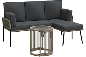 Green4ever L-Shaped Patio Furniture, 3 Pcs Wicker Outdoor Sectional Sofa Lounge Sets with Woven Rope and 4-inch Thickness Cushions, Boho Detachable Lounger with Side Table for Balcony Porch