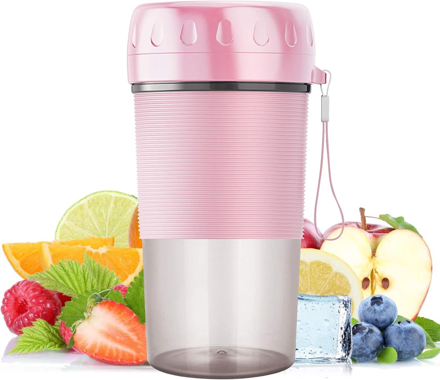 Portable Blender, Personal Blender Juicer Cup, USB Rechargeable Juicer Cup Bottle Mini Travel Fruit Shaker 300ml Upgraded Blades for Home Office Sports Travel Picnic（Cherry Pink）