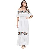 Women Mexican Dress Off Shoulder Floral Embroidered Long Maxi Dress Summer Beach Party Cinco de Mayo Dresses